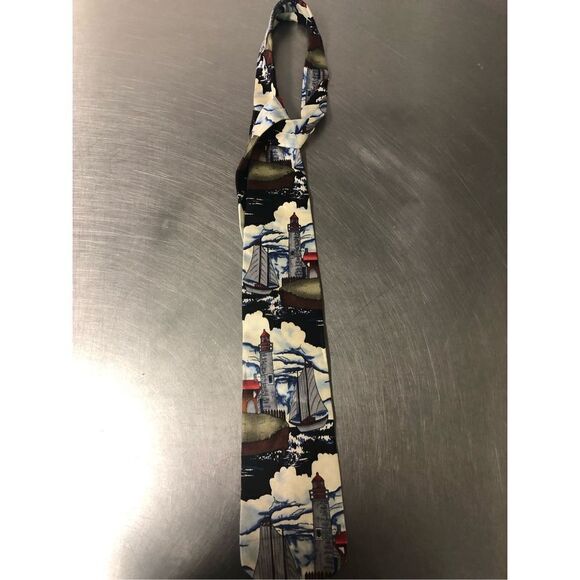 🌼5for$25🌼Beans McGee. Mens Silk Lighthouse and Boat Designer Dress Tie - Picture 4 of 8